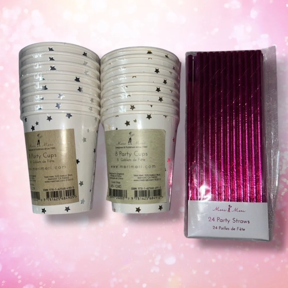 NWT Anthropologie Pink Silver & Gold Party Supplies Cups Straws Confetti foil